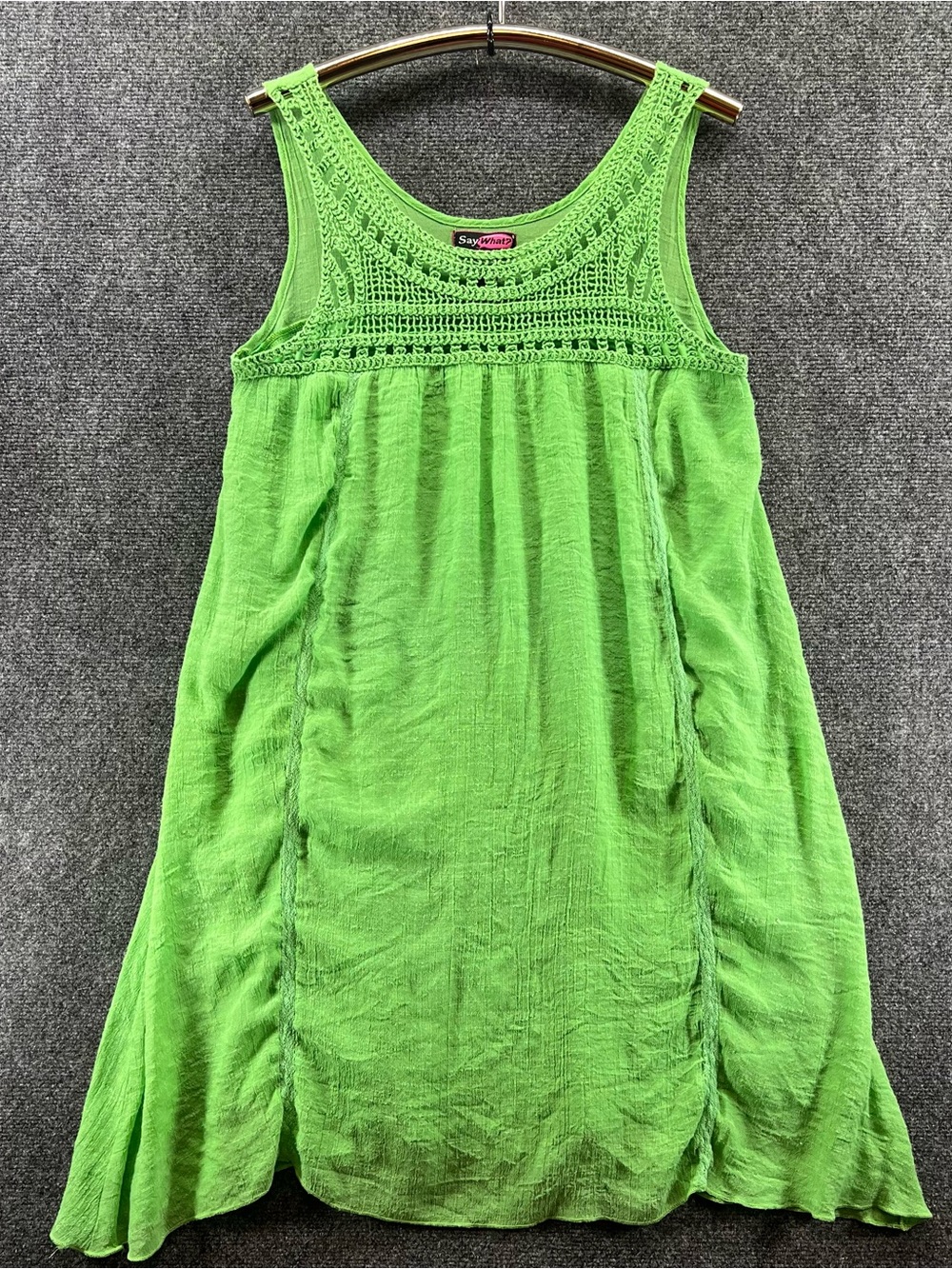 Say What Sleeveless Dress XL Green Beach Boho Crochet Gauzy Lined *RUNS SMALL